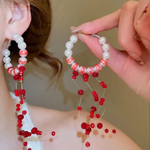 Elegant Imitation Artificial Pearl Necklace Bracelet Hoop Earrings With 925 Sterling Silver Earring Post Red Crystal Tassel Jewelry
