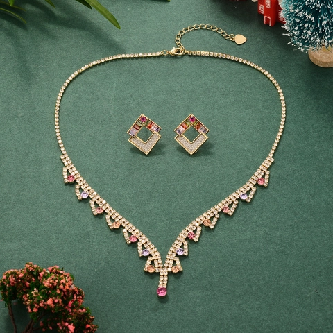 Colorful Cubic Zirconia Geometric Square Necklace And Earrings Jewelry Gold Plated Copper For Women Christmas Party Wedding