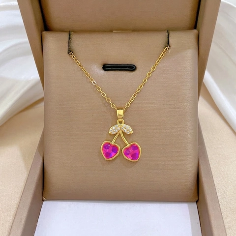 Cherry Shaped Necklace And Earrings Heart Crystal Titanium Steel Gold Plated Elegant Zircon Jewelry For Women