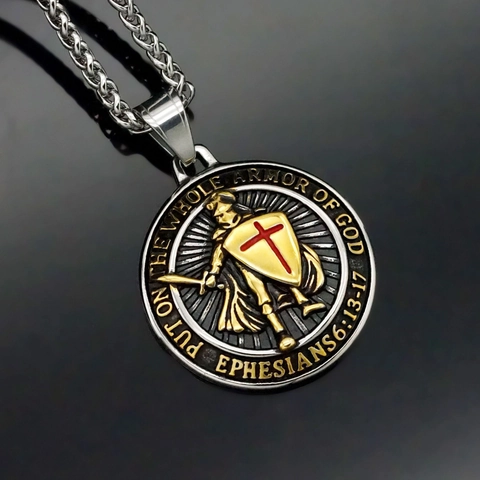 Retro Medieval Knight Shield Cross Stainless Steel Pendant Necklace Biblical Verse Ephesians Armor Of God Religious Jewelry
