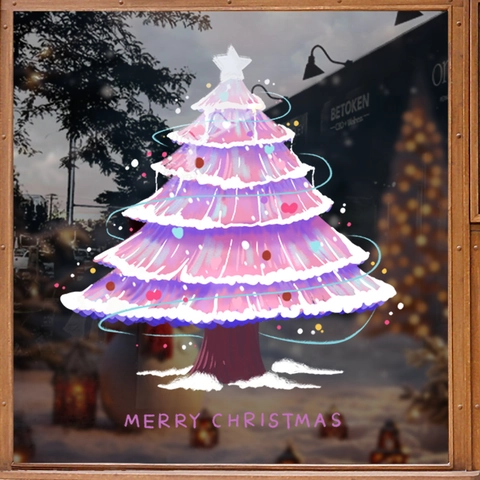 Pink Purple Christmas Tree Window Clings Static PVC Stickers Reusable Glass Decals For Holiday Home Shop Decoration