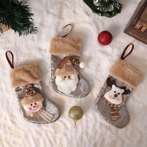 Christmas Stockings Hanging Ornaments Plush Burlap Sequin Santa Snowman Reindeer Tree Decoration Gift Bags Holiday Home Decor