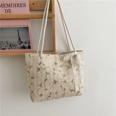 Stroh Gewebte Tragetasche Damen Blumenstickerei Spitzenbogen Baumwollseil Riemen Sommer Strand Schultertasche