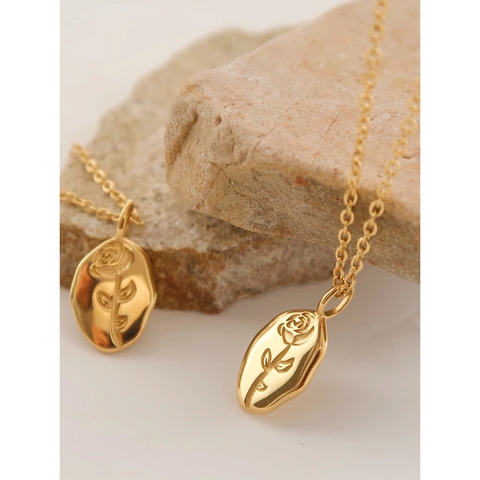 French Vintage Rose Flower Oval Pendant Necklace Gold Plated Stainless Steel Minimalist Clavicle Chain Jewelry For Women Gift