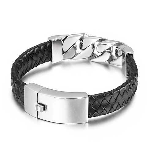 Bracciale Da Uomo In Pelle Intrecciata Con Catena Cubana In Acciaio Inossidabile 316L Motivo Teschio Stile Punk Biker Nero Argent