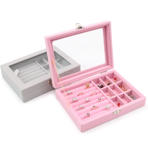Elegant Velvet Jewelry Box With Glass Lid Transparent Display Organizer For Rings Earrings Necklaces Storage Tray With Metal Clasp