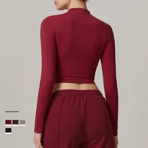 Womens Mock Neck Long Sleeve Yoga Top Nylon Spandex Tight Fit Quick Dry Sports Shirt With Thumbholes Solid Color Active