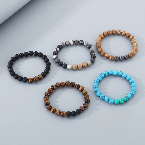 Natural Stone Beaded Bracelet Tiger Eye Matte Agate Turquoise Lava Stone Elastic Handmade Minimalist Jewelry Unisex