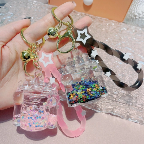 Castle Liquid Quicksand Keychain Acrylic Floating Glitter Keyring With Star Strap Bell For Schoolbag Ornament Cute