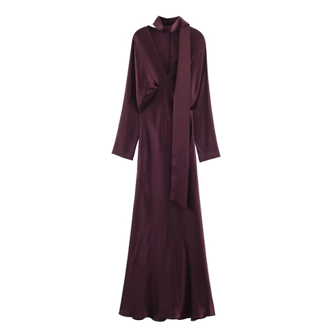 Elegantes Langärmliges Satin Maxikleid Tiefer V-Ausschnitt Schalkragen Slim Fit Formelles Abendparty Kleid Für Damen