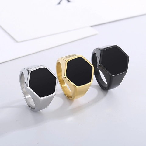 Anillo De Sello Hexagonal Para Hombre De Acero Inoxidable Esmalte Negro Estilo Hip Hop Geométrico Joyería De Moda