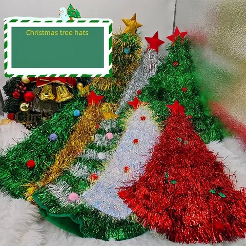 Christmas Tree Hat Tinsel Metallic Foil With Star Topper And Pom Poms Festive Holiday Party Costume Headwear Accessories