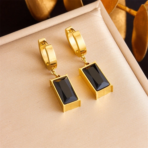 Fashion Retro Black Gemstone Square Geometric Pendant Stainless Steel Drop Earrings For Women Gold Plated Rhinestone Jewelry