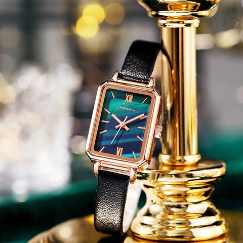 Vintage Dames Quartz Horloge Rechthoekige Roségouden Kast Marmeren Patroon Wijzerplaat Kleine Elegante Jurk Horloge Leren Band