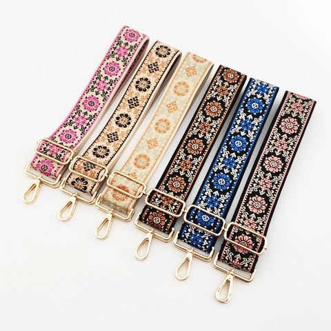 Adjustable Bag Strap Replacement Wide Shoulder Belt Ethnic Jacquard Embroidery Floral Fabric Alloy Hardware For Handbags