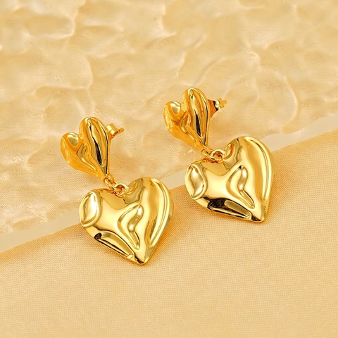 Doppellagige Herz Ohrhänger 18K Vergoldeter Edelstahl Unregelmäßige Textur Flüssiges Metall Stil Schmuck Für Damen