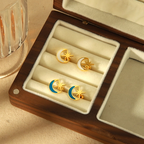Orecchini A Lobo Stella Luna Celestiale Placcati Oro 18K Acciaio Inossidabile Smalto Gioielli Per Donne