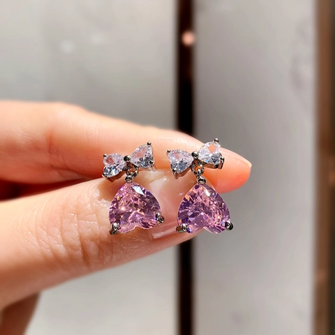 Orecchini Pendenti A Cuore Per Donna Fiocco Dolce Zircone Rosa Rame Stile Giapponese Accessorio Gioielli Regalo Quotidiano