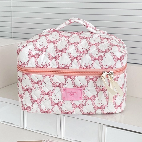 Make-up Tasche Gestepptes Polyester Schleifendruck Reißverschluss Tragbare Reise Süßer Girly Stil Für Frauen