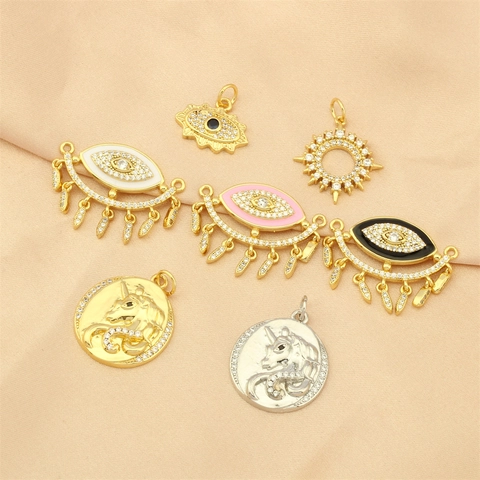 Œil Maléfique Licorne Soleil DIY Breloques Pendentifs Cuivre Plaqué Or Avec Zircon Émail Accessoires Bijoux