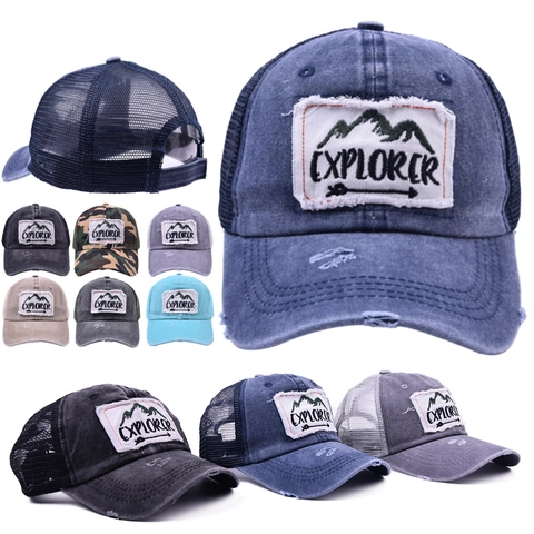 Vintage Distressed Trucker Hat Πλυμένο Βαμβάκι Mesh Baseball Cap Explorer Mountain Patch Outdoor Retro Καπέλο Ήλιου