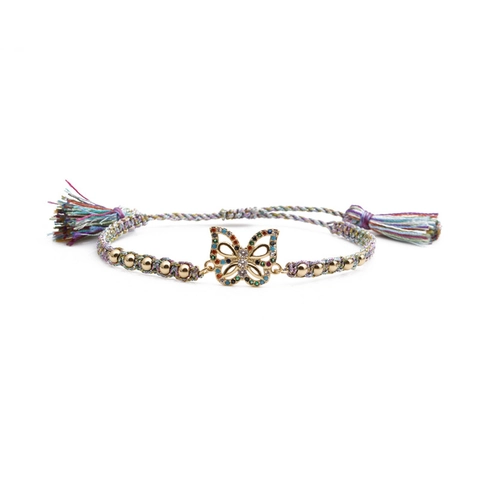Pulsera De Dije De Mariposa Cobre Bañado En Oro Con Circón De Colores Cuerda Trenzada A Mano Ajustable Para Mujer