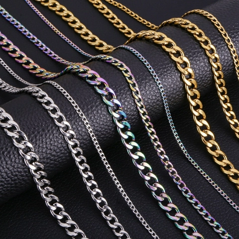 Cuban Chain Necklace Stainless Steel NK Link Geometric Hip Hop Jewelry For Men Women Gold Steel Black Rainbow Color
