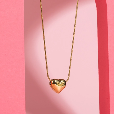 Herz Anhänger Halskette Edelstahl Dreidimensional Poliert Vergoldet Schlangenkette Schmuck Geschenk Frauen Muttertag