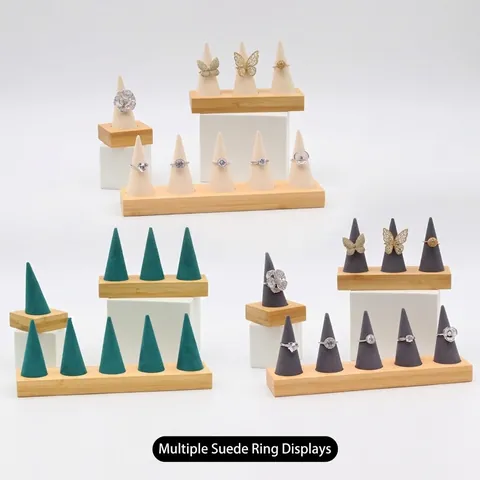 Ring Display Stand Holder Conical Bamboo Wood Base Microfiber Velvet Jewelry Showcase Organizer Rack Elegant For Store