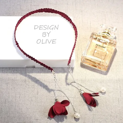 Bandeau Élégant En Tissu Avec Longues Franges Chaîne Métallique Künstliche Perle Imitation Et Pendentifs Fleurs Tissu Pour Femmes