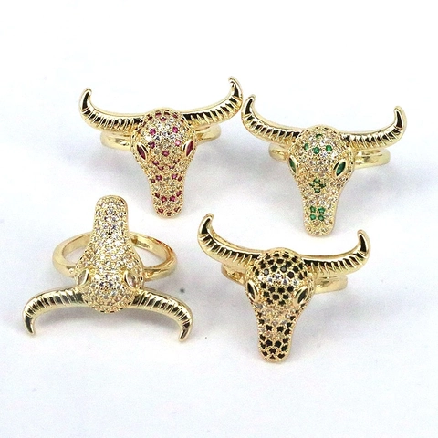 Bague Ouverte Tête de Taureau en Cuivre Incrusté de Zirconia Hip Hop Mode Bohême Réglable Or Bague Animal Femme