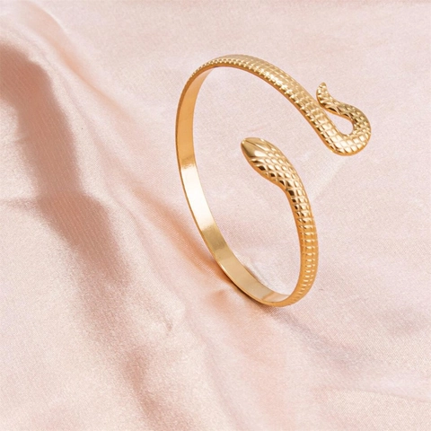 Snake Bracelet Stainless Steel Adjustable Open C-Shape Serpent Cuff With Scale Texture Retro Punk Jewelry For Women