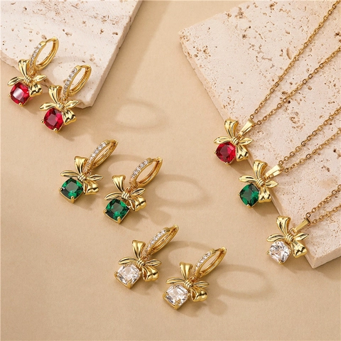 Set Gioielli Fiocco Collana E Orecchini Gancio Rame Micro Intarsiato Zirconia Quadrata Elegante Moda Per Donne