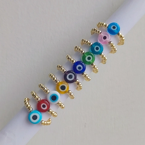 Evil Eye Kralen Ring 18K Vergulde Koperen Kralen Handgemaakt Elastisch Etnisch Geluksamulet Sieraden Voor Dames