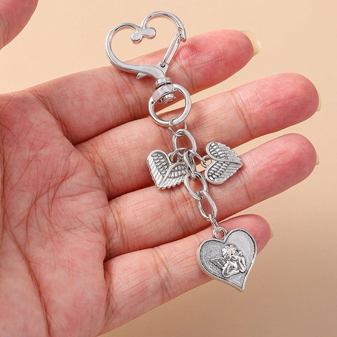 Trendy Angel Wing Heart Keychain For Women Rhinestone Cupid Pendant Silver Zinc Alloy Backpack Charm Fashion Jewelry Gift