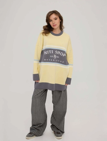 Women Oversized Knit Pullover Sweater Cotton Polyester Crewneck Long Sleeve Color Block Casual Top