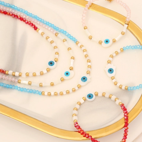 Evil Eye Hamsa Hand Halskette Und Armband Muschel Kristall Edelstahl Perlen Mode Schmuck Für Damen