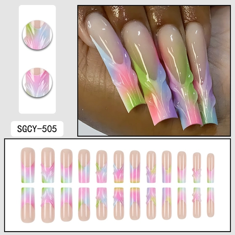 Long Square Press On Nails 3D Relief Rainbow Gradient Glossy False Fingernails Manicure For Women