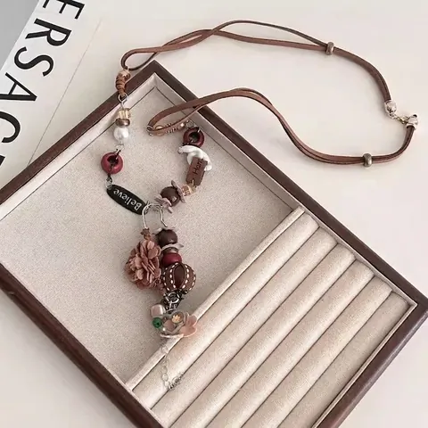 Bohemian Ethnic Long Necklace Alloy Wood Tassel Leather Cord Pendant Retro Fashion Jewelry For Women