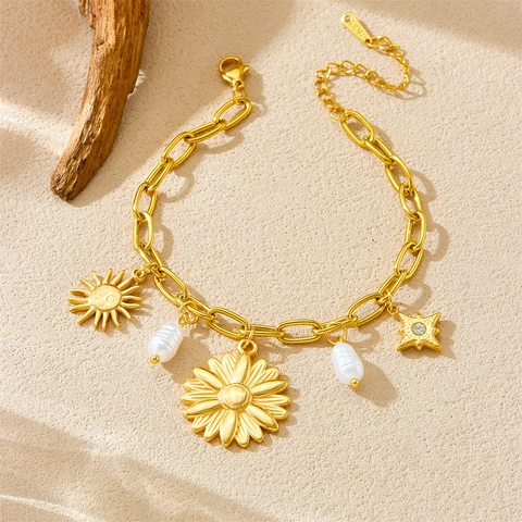 Bracciale Con Charms In Acciaio Inossidabile Placcato Oro Con Cuore Sole Girasole E Perla Artificial Barocca Gioielli Retro Donna