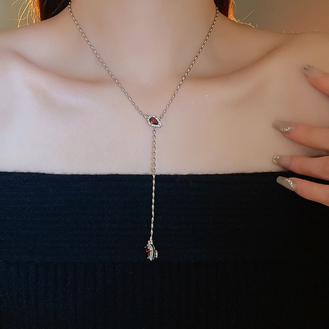 Elegant Y Shaped Necklace Copper Zircon Snake Head Waterdrop Pear Cut Gemstone Rice Olive Bead Chain Luxury Jewelry Women