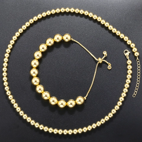 Brass Round Bead Necklace And Adjustable Pull Bracelet Gold Plated Elegant Vintage Minimalist Jewelry For Women