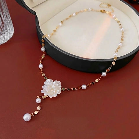 Franse Bloem Hanger Ketting Elegante Koperen Hars Imitatie Kunstparel Y Vorm Choker Voor Dames