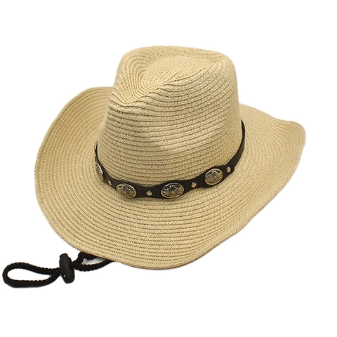 Cappello Da Cowboy In Paglia Intrecciata Tesa Larga Curva Protezione Solare Con Fascia In Ecopelle Fibbia In Metallo