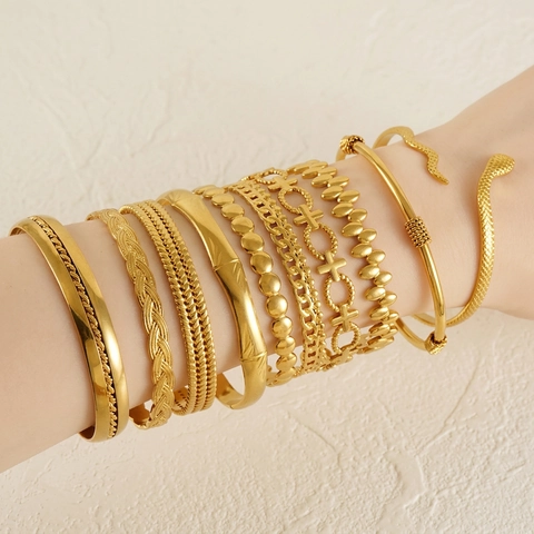 Bracciale A Polsino A Forma Di C Moda Vintage Donna Placcato Oro 18K Acciaio Inossidabile Bangle Aperto Regolabile Gioielli