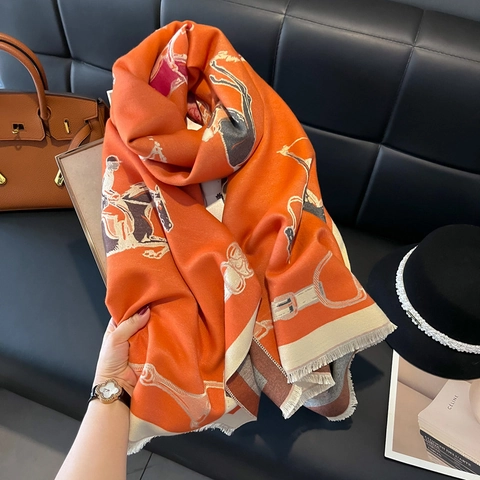 Equestrian Horse Print Scarf Shawl Imitation Cashmere Thick Double Sided Winter Wrap With Tassels For Women Vintage Style