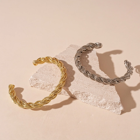 Bracciale Rigido Aperto A Corda Intrecciata Rame Minimalista Retro Metallo Gioielli Di Moda Per Donne