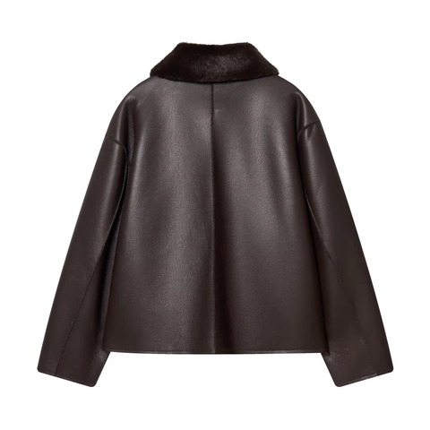 Women Faux Leather Jacket With Faux Fur Collar Reversible Short Button Down Casual Winter Chic Outerwear