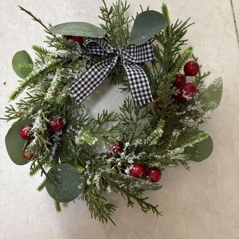 Couronne De Bougeoir De Noël Pin Artificiel Baie Rouge Feuille Givrée Nœud Écossais Décoration De Table De Fête Maison