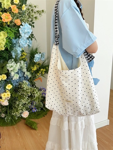 Borsa Tote In Tela A Pois Donna Grande Capacità Borsa A Spalla Casual Stile Giapponese Versatile